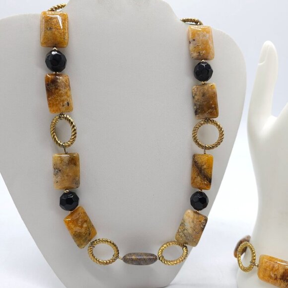 Jasper Brown Black Beaded Necklace And Bracelet Set With Twisted Gold-Tone Accen - Picture 3 of 7